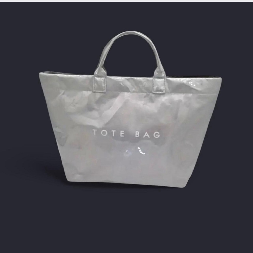 Stylish Silver Tote Bag with Textured Finish and Short Handles